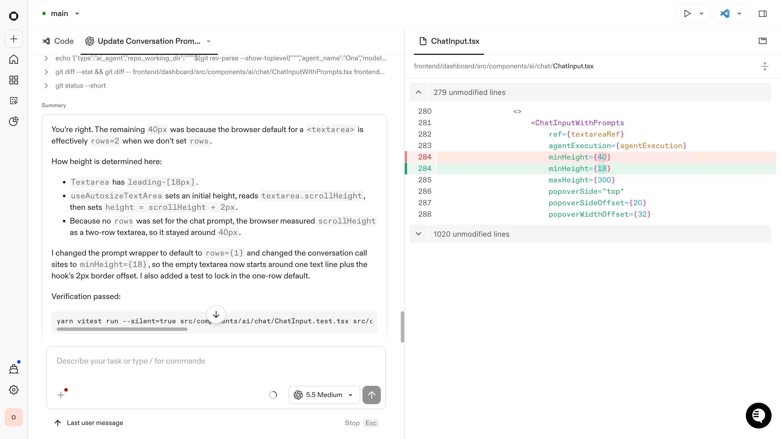Split view showing the conversation alongside an open diff