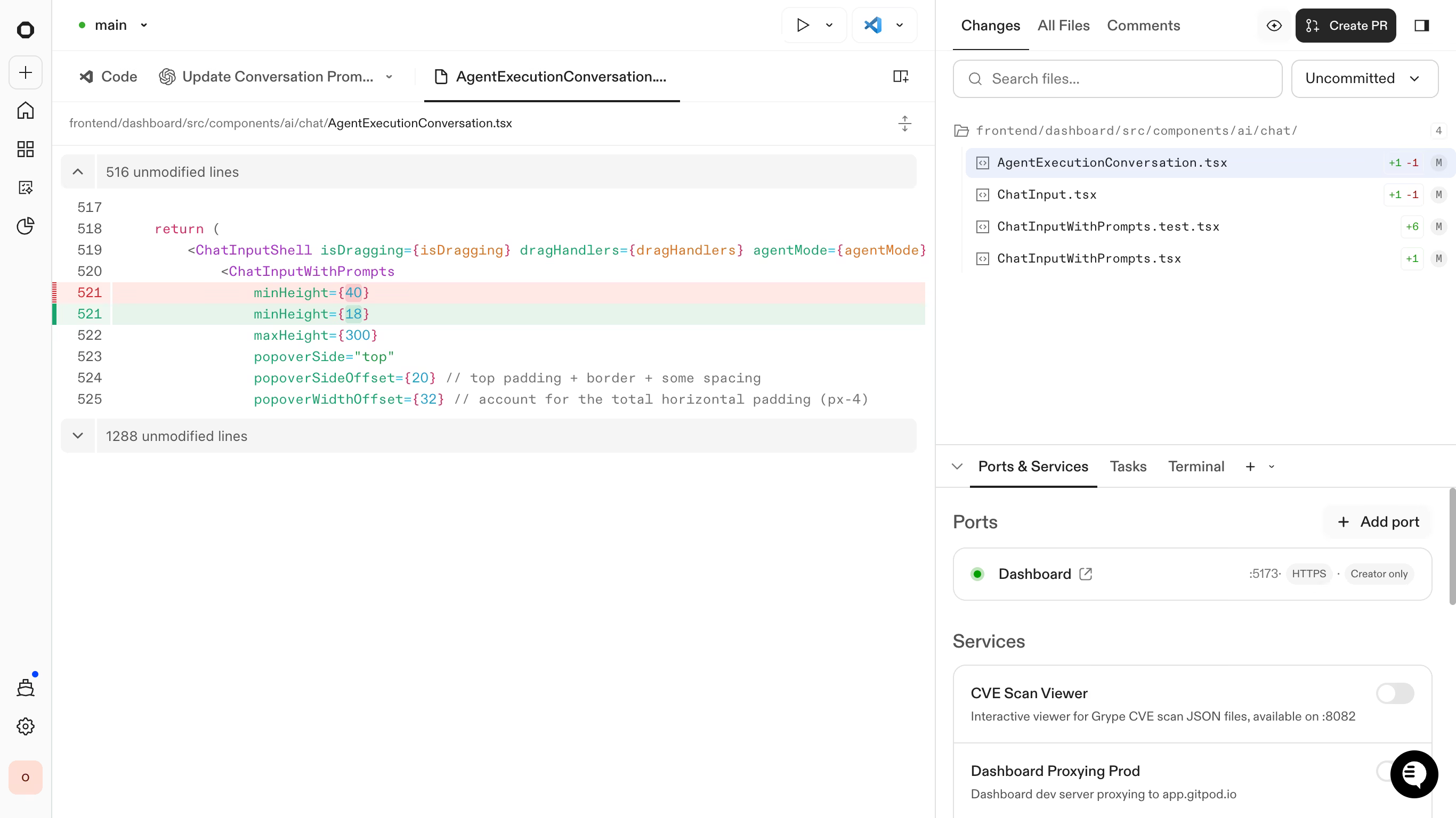An open diff inside a Session with the changed-files list beside the conversation
