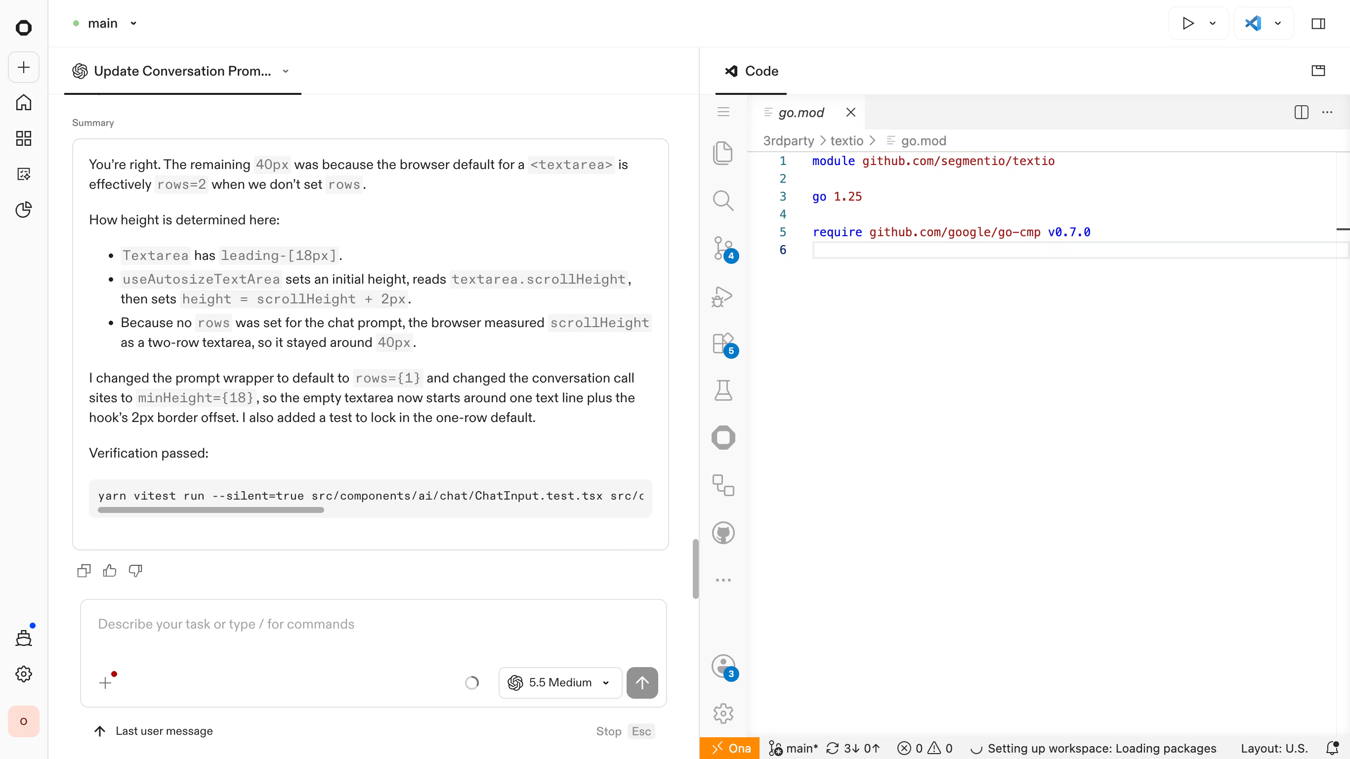Split view showing the conversation alongside the embedded code editor