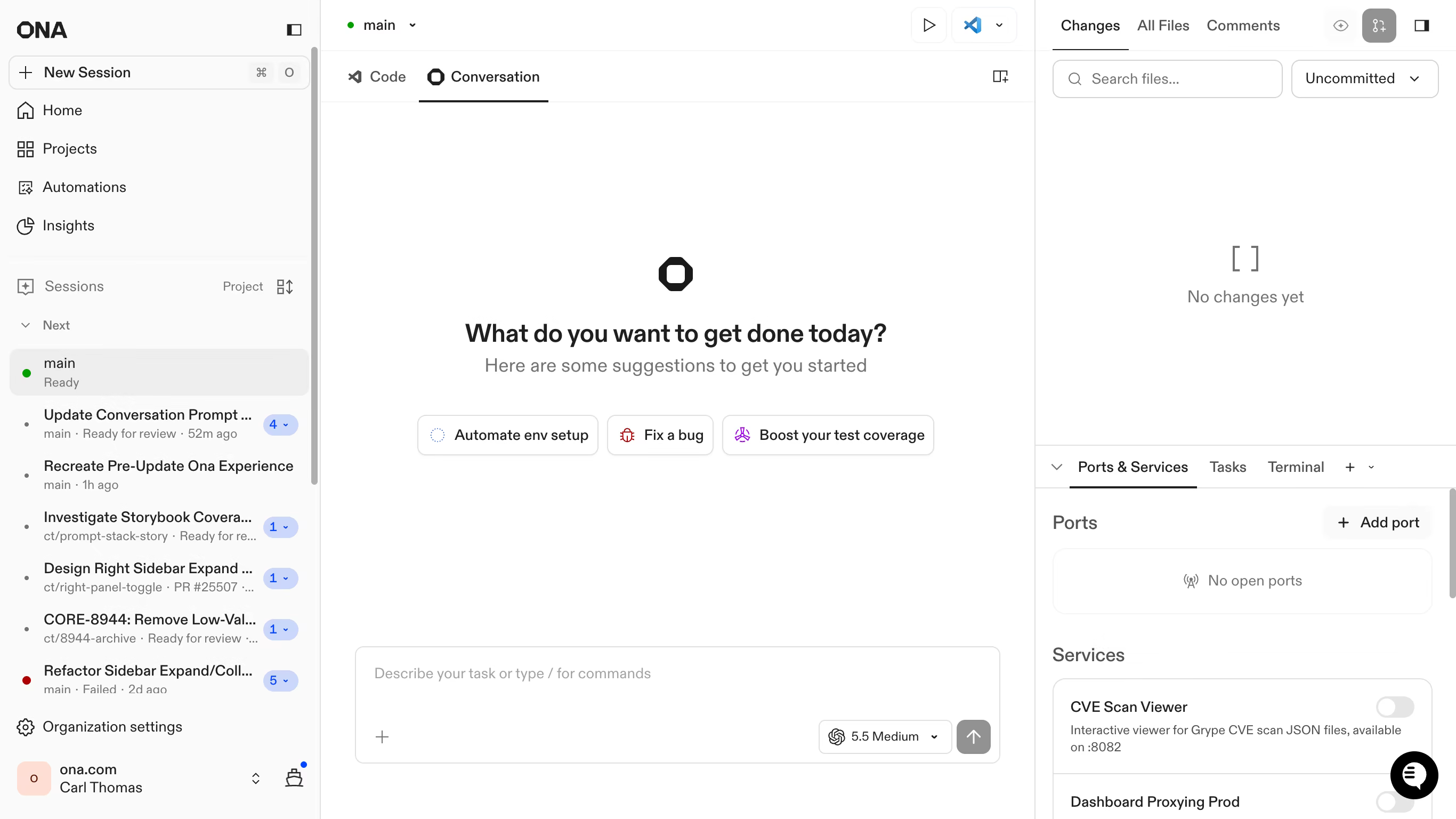 A new Ona Session opening to a single workspace with conversation at the center, changed files and review on the right, and ports and services in a side panel