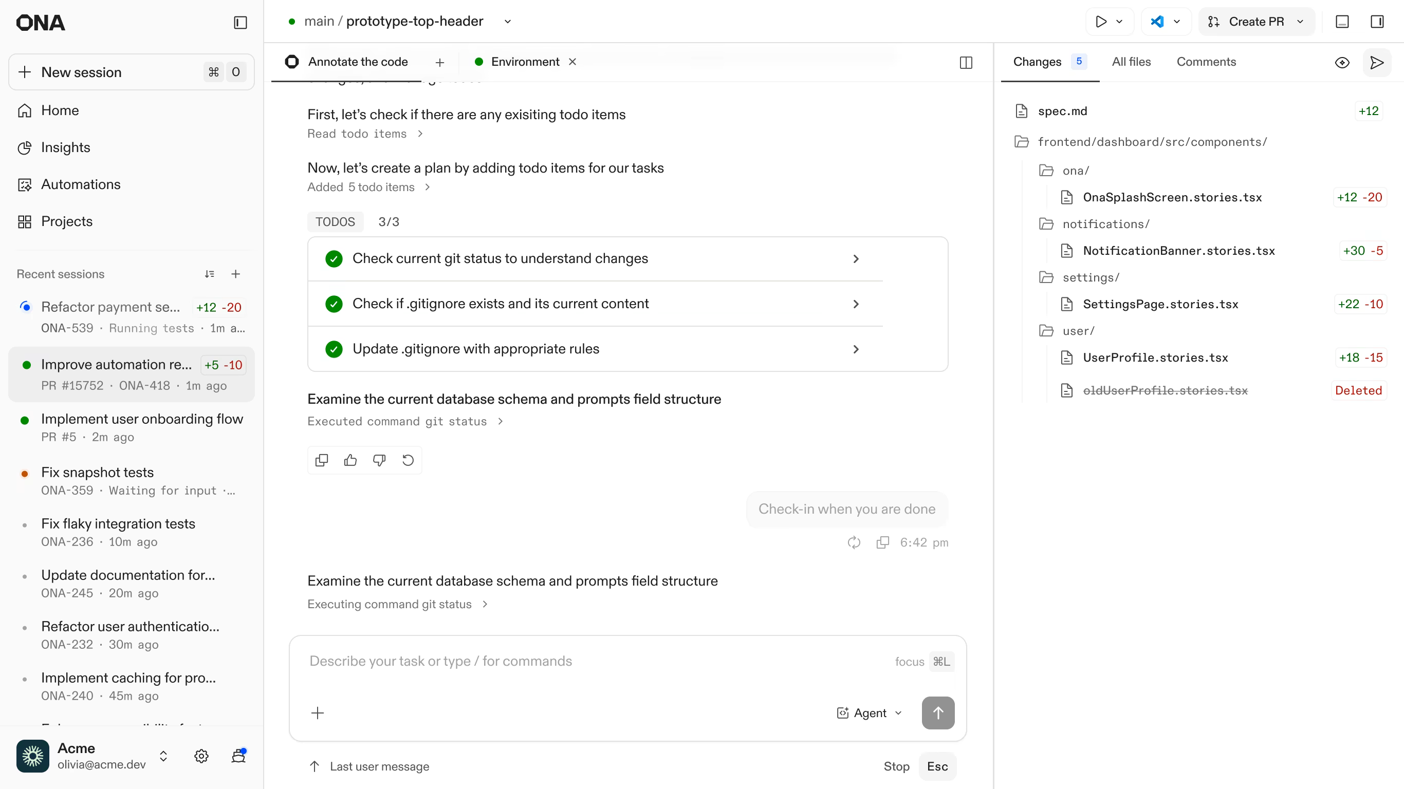The proposed Sessions vision: conversation as the primary workspace, environment reduced to a tab, and review sitting beside the dialogue